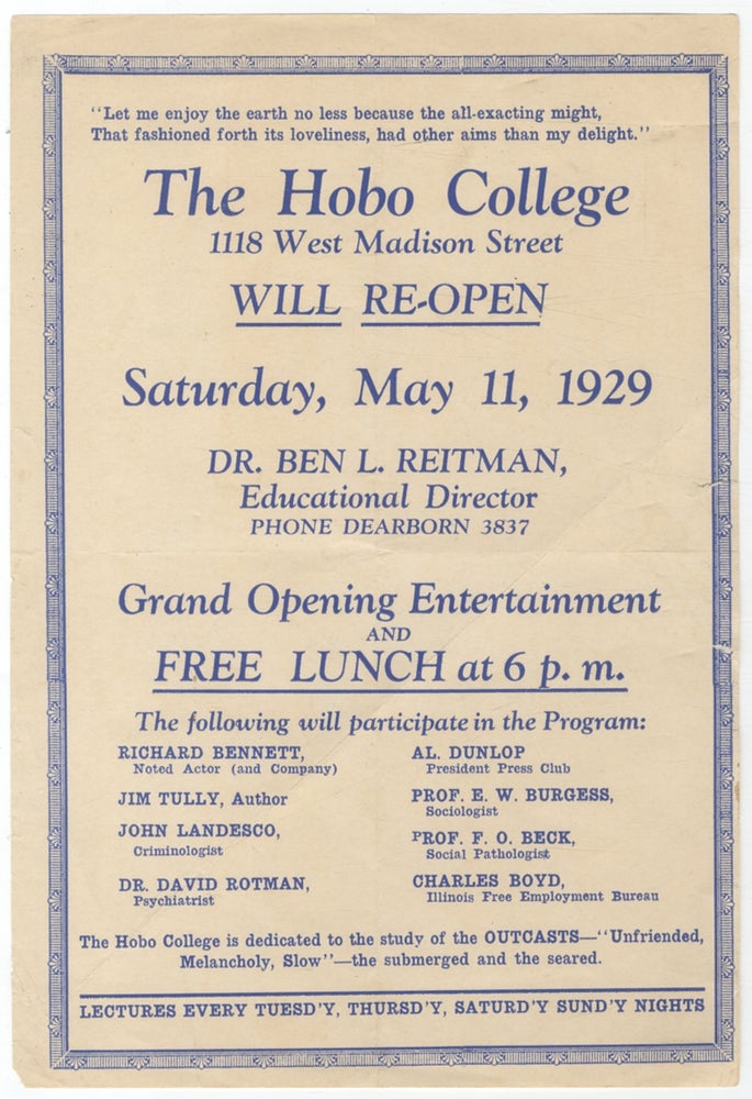 Item #443075 [Handbill and Flyer]: The Hobo College 1118 West Madison Street Will Re-Open... Dr. Ben L. Reitman, Educational Director. Dr. Ben L. REITMAN.