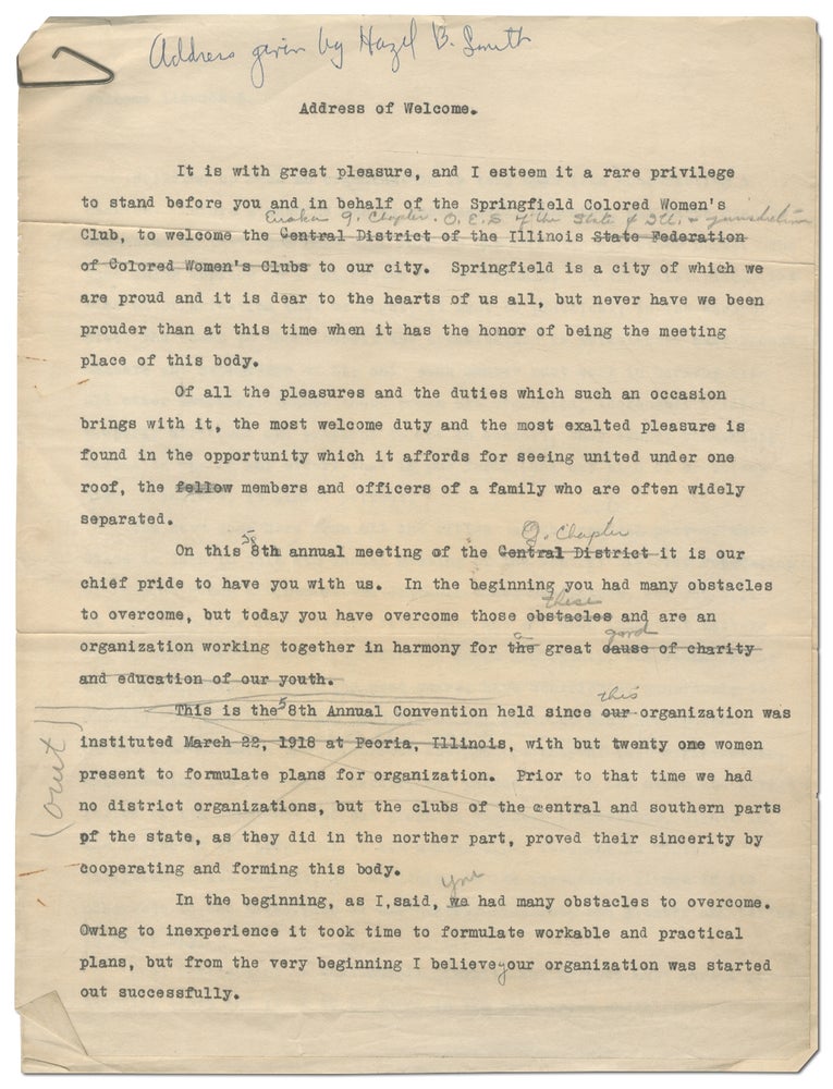 Item #443288 [Manuscript]: Address of Welcome on Behalf of the Springfield Colored Women's Club to Welcome the Eureka Chapter, O.E.S. of the State of Illinois. Hazel B. SMITH.