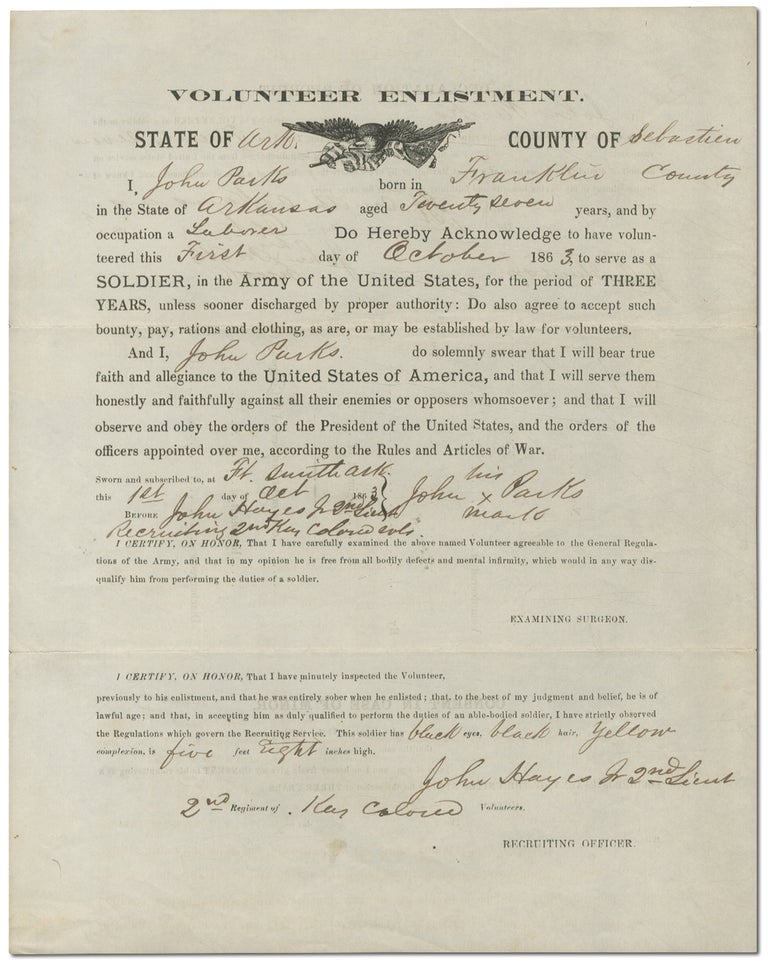 Item #443823 [Caption title:] Volunteer Enlistment. State of [Ark.] County of [Sebastien] for the 2nd Kansas Colored Volunteers. 1863. John PARKS.