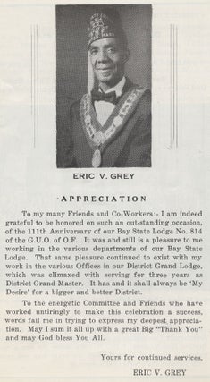 (Program): Testimonial Banquet Tendered to Eric V. Grey, P.D.G.M. of N.E. District Grand Lodge on the occasion of the 111th Anniversary Celebration Bay State Lodge No. 614 Grand Order of Odd Fellows