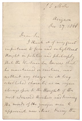 Item #448032 Autograph Letter Signed to John Chapman, 1868. John Stuart MILL