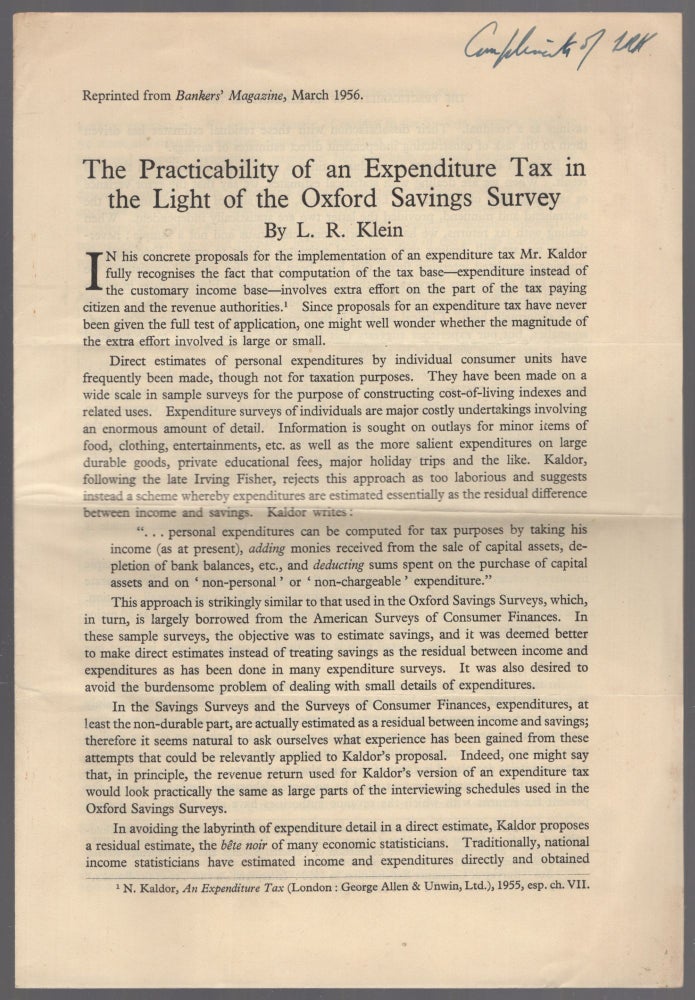 Item #448170 [Offprint]: The Practicability of an Expenditure Tax in the Light of the Oxford Savings Survey. R. KLEIN, awrence.