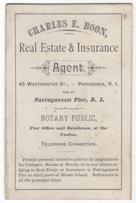 Item #448882 [Caption title]: Cottage Directory of Narragansett Pier for 1884. Arranged July 1st, by C.E. Boon, Real Estate Agent