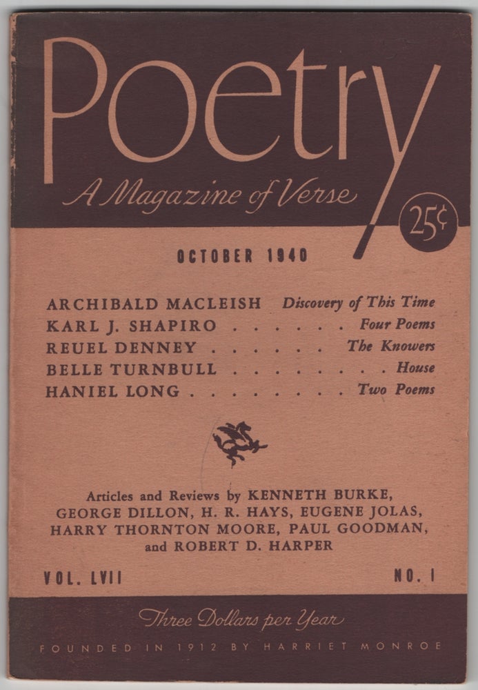 Item #449491 Poetry - October 1940, Vol. LVII, No. 1. W. H AUDEN, Paul Goodman, Eugene Jolas, Karl Shapiro, Archibald Macleish.
