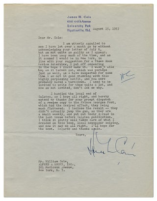 Item #4499 Typed Letter Signed. James M. CAIN