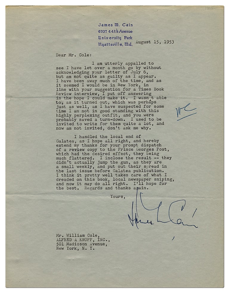 Typed Letter Signed. James M. CAIN.