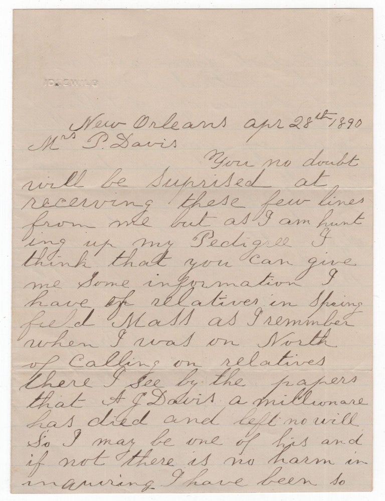 Autograph Letter Signed to Mrs. P. Davis. Henry F. DAVIS.