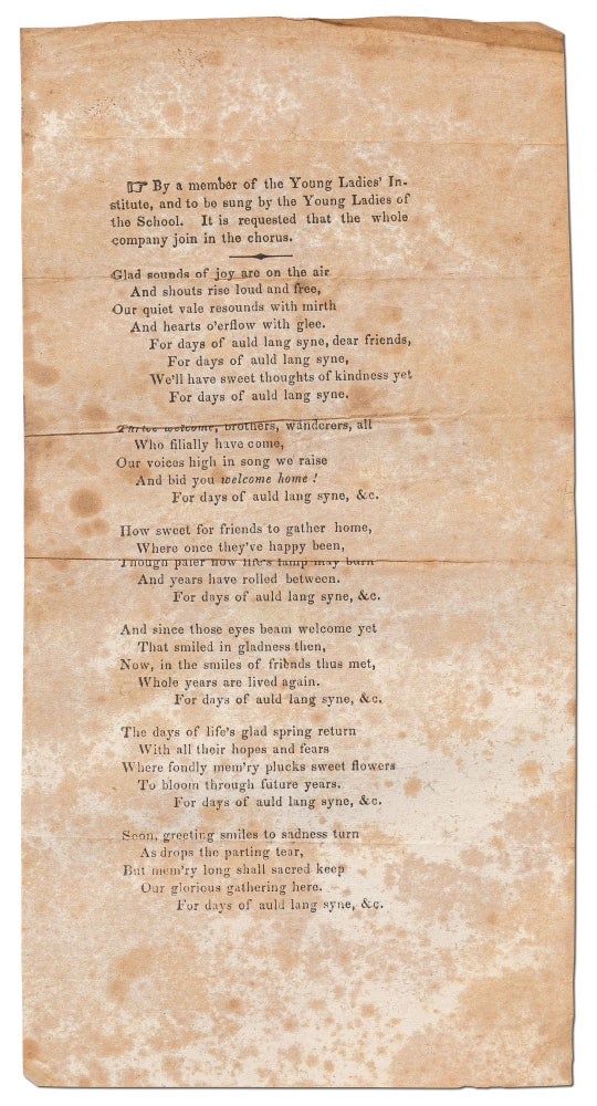Item #451396 [Broadside Song] “Glad sounds of joy are on the air … For days of auld lang syne” Sung at the Pittsfield Young Ladies’ Institute (Circa 1841-44). “By a. member of the Young Ladies’ Institute”.