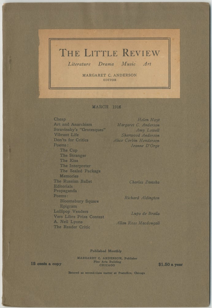 Item #453094 The Little Review – Vol. 3, No. 1: March, 1916. Margaret ANDERSON, Helen Hoyt Sherwood Anderson, Amy Lowell.