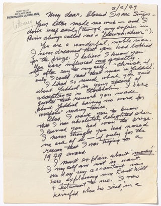 Three Page Autograph Letter Signed to Isaac Bashevis Singer