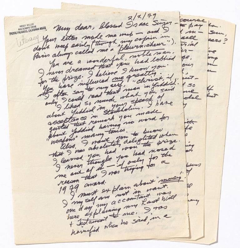 Item #456719 Three Page Autograph Letter Signed to Isaac Bashevis Singer. Henry MILLER.