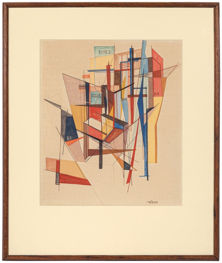 Item #457960 [Acrylic Painting, title supplied]: Men's Furnishings, Abstract City Scape. Walter SIMON.