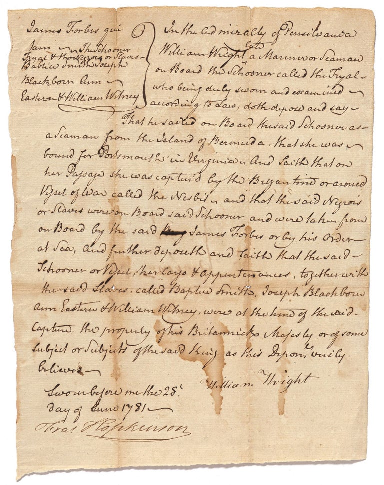 Item #460447 [Two Manuscript Documents] Francis Hopkinson, Signer of the Declaration of Independence, Considers Prize Cases, Including Four Enslaved Captured in a British Ship by an American Privateer Brig Nesbitt during the Revolutionary War. Francis HOPKINSON, William Wright William Lewis.