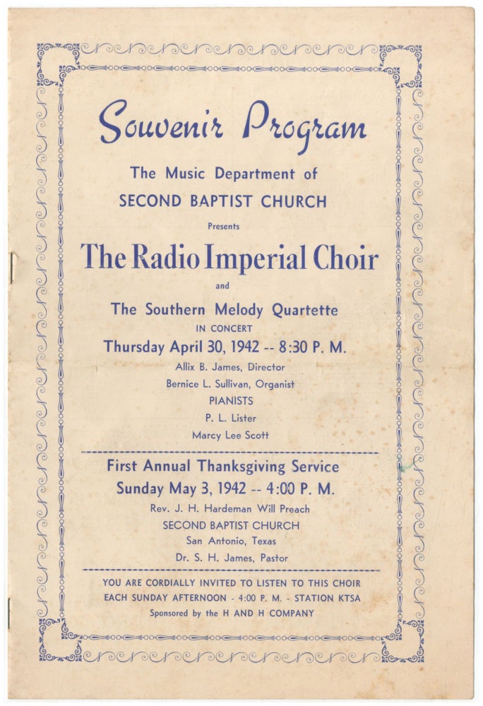 Item #461398 Souvenir Program. The Music Department of Second Baptist Church Presents The Radio Imperial Choir and The Southern Melody Quartette