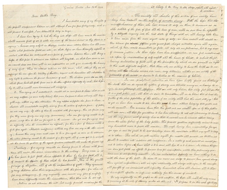 Item #462838 [Autograph Letter Signed]: Two Letters of an Anti-Slavery Tennessee Plantation Owner about God and the Abolition of Slavery, 1846-47. Edward McMILLAN, Conway P. Wing.