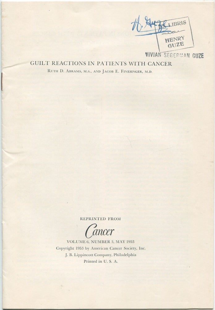 Item #463147 [Offprint]: Guilt Reactions in Patients with Cancer. Ruth D. ABRAMS, Jacob E. Finesinger.