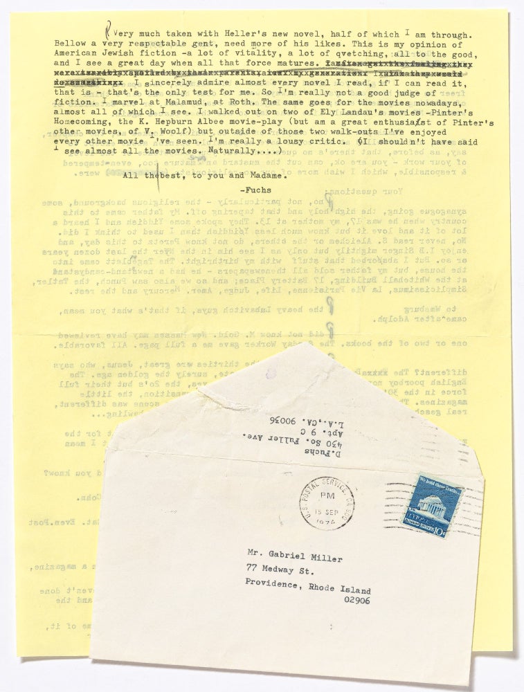 Item #466924 Daniel Fuchs Letters to Gabriel Miller, 1973-1992. Daniel FUCHS, Gabriel Miller.