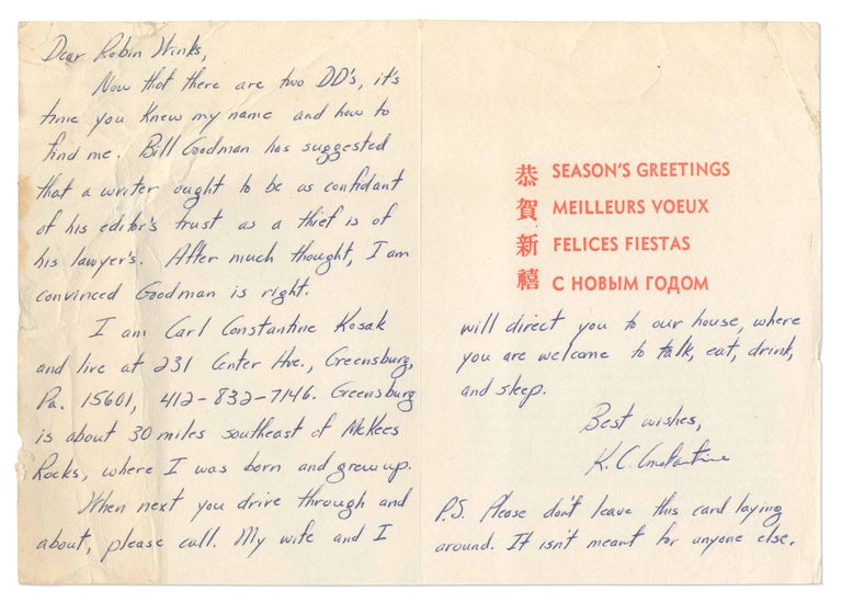 Item #498929 Autograph Letter Signed Revealing his Identity to a Reviewer. K. C. CONSTANTINE.