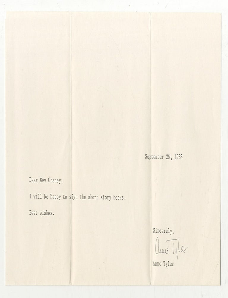 Item #499087 Typed Note Signed. Anne TYLER.