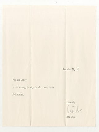 Typed Note Signed. Anne TYLER.