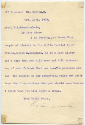 Item #499576 Typed Letter Signed Concerning Violinist Joseph Douglass, the Grandson of Frederick...