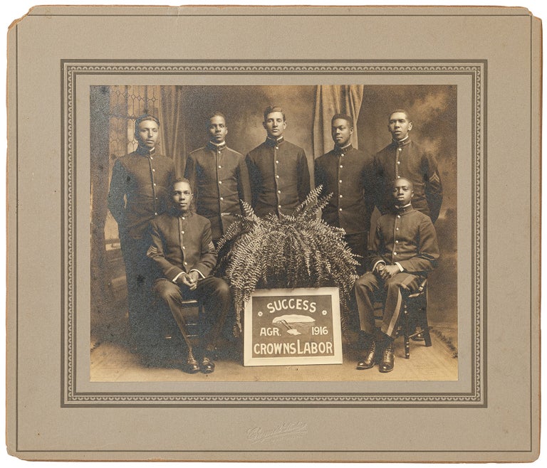 Item #499649 Photograph of Seven Uniformed Students at The Hampton Normal School. [Caption title]: "Success / Agr. 1916 / Crowns Labor"