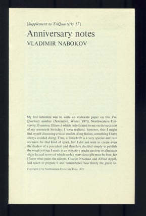 Item #499874 Anniversary Notes [Supplement to TriQuarterly 17]. Vladimir NABOKOV