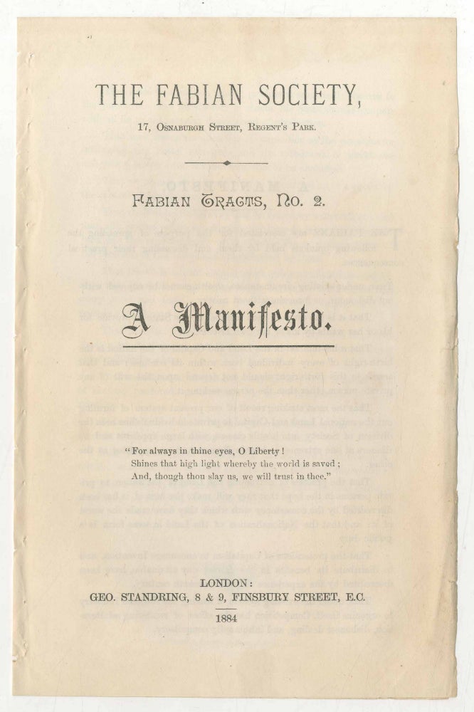 Item #500462 "A Manifesto" [in] Fabian Tracts, No. 2. George Bernard SHAW, The Fabian Society.