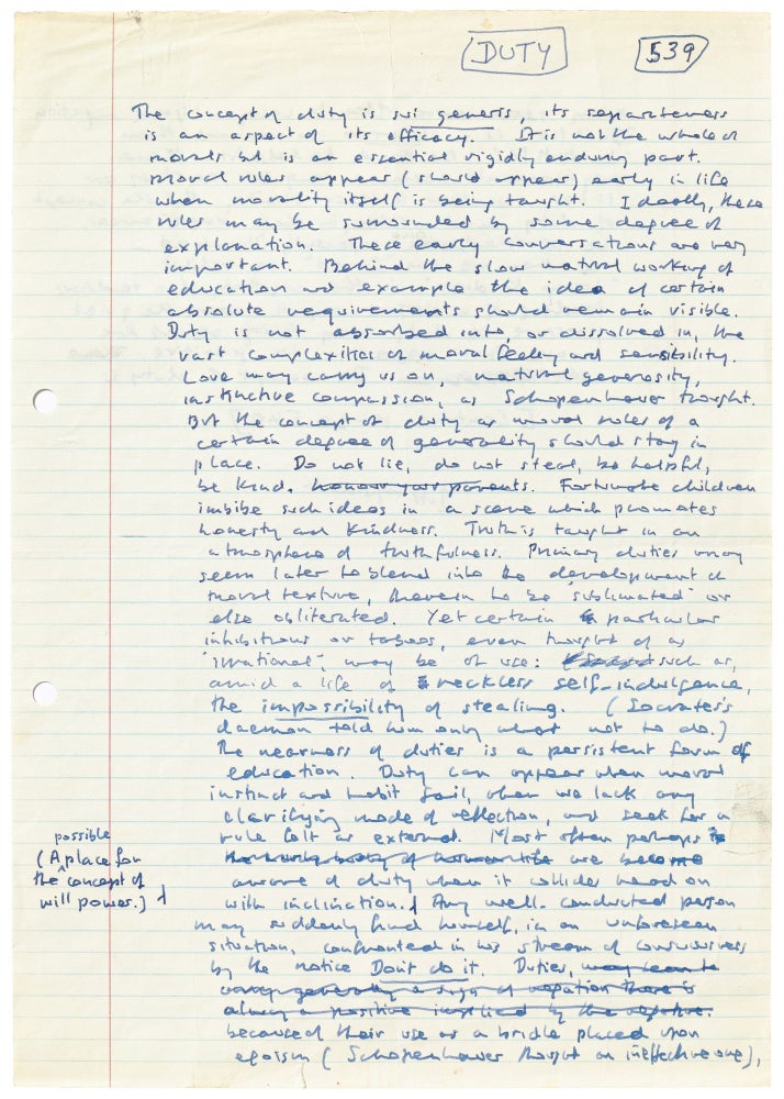 Item #501245 Autograph Manuscript Page Signed from "Notes on Will and Duty" Iris MURDOCH.