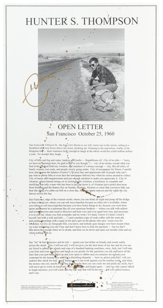 Item #501523 [Broadside]: Open Letter. San Francisco October 25, 1960. Hunter S. THOMPSON.