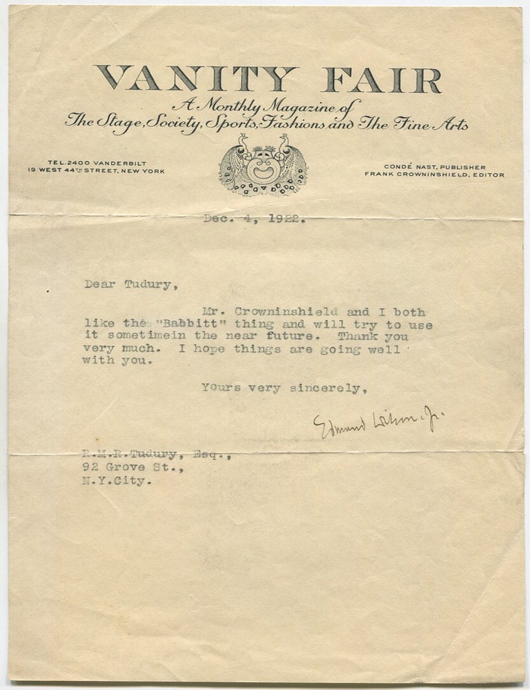 Early Typed Note Signed. Edmund Wilson.