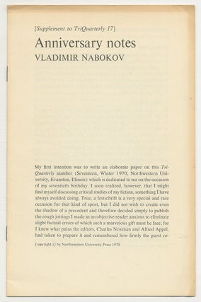 Item #503381 Anniversary Notes [Supplement to TriQuarterly 17]. Vladimir NABOKOV