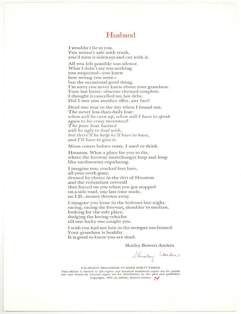 Item #503872 [Broadside]: Husband. Shirley Bowers ANDERS.
