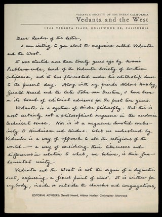 Item #505089 Promotional Pamphlet for Vedanta and the West Magazine, in the form of a Facsimile...