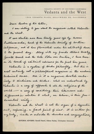 Item #505089 Promotional Pamphlet for Vedanta and the West Magazine, in the form of a Facsimile...