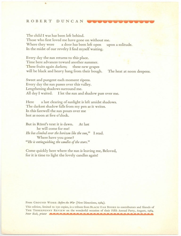 Item #510103 [Broadside]: [An Excerpt from] Circulations of the Song [from] Ground Work: Before the War. Robert DUNCAN.