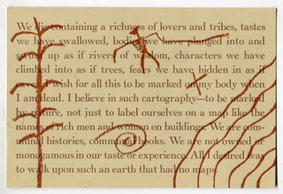 Item #510111 [Broadside]: "We Die Containing a Richness of Lovers and Tribes, Tastes We Have...