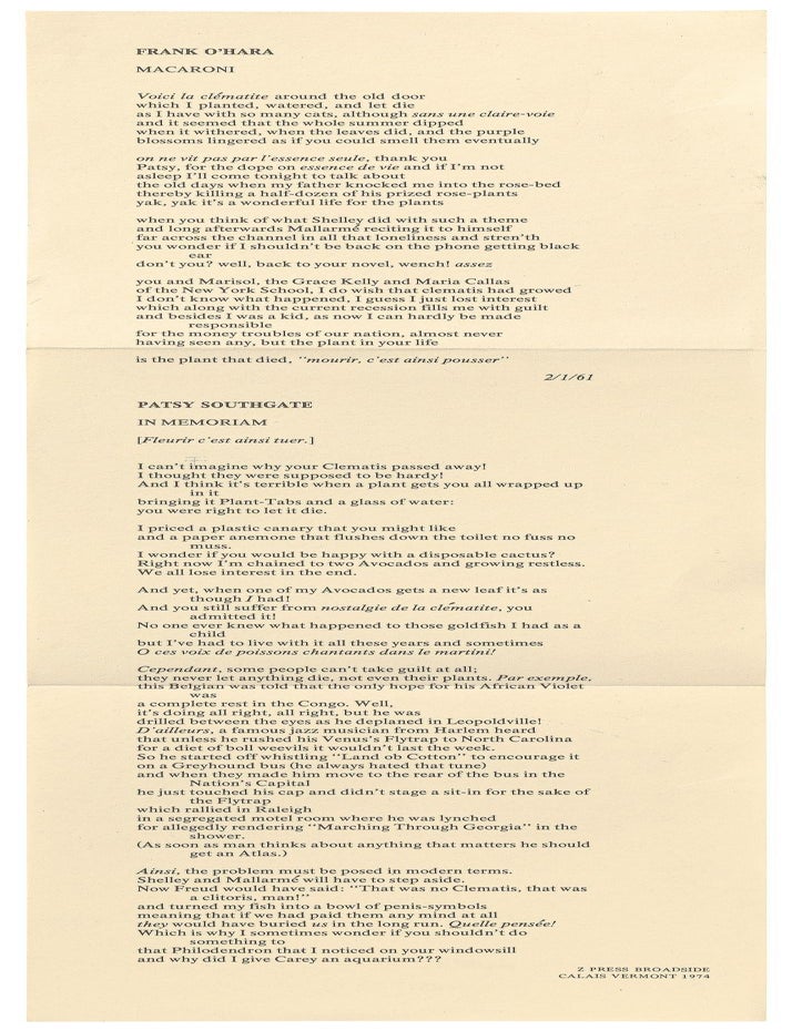 Broadside : Macaroni and In Memoriam | Frank Patsy Southgate O'HARA, and