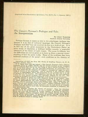 Item #51020 The Canon's Yeoman's Prologue and Tale: An Interpretation. John GARDNER