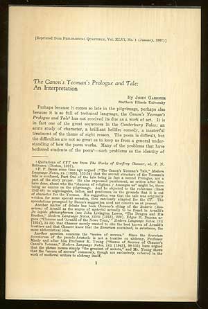 Item #51020 The Canon's Yeoman's Prologue and Tale: An Interpretation. John GARDNER.