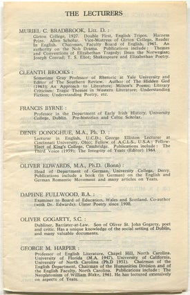 W.B. Yeats: The Seventh International Yeats Summer School, 6 August To 20 August 1966.