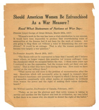 Item #511459 [Small broadside or handbill]: Should American Women Be Enfranchised as a War...