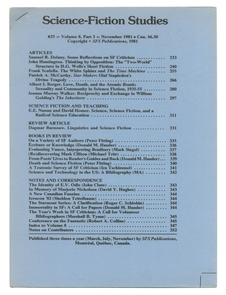 Item #512464 [Offprint]: "Some Reflections on SF Criticism". Samuel R. DELANY.