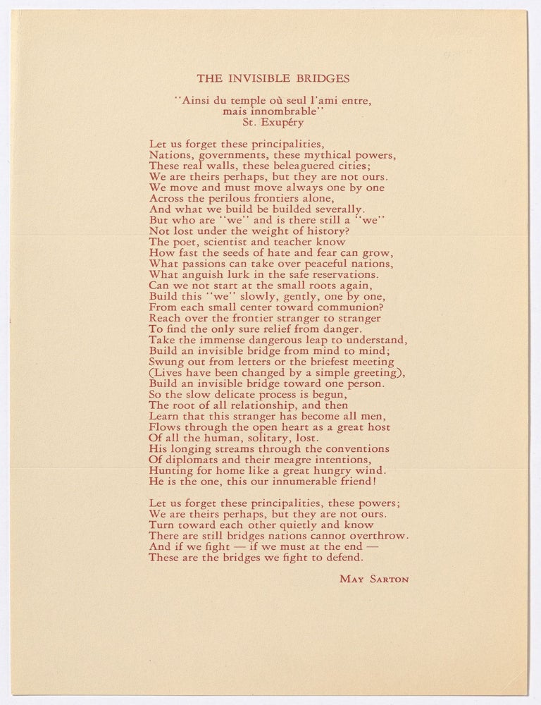 Broadside]: The Invisible Bridges. May SARTON.