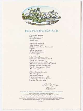 Broadside]: Renascence. May SARTON.