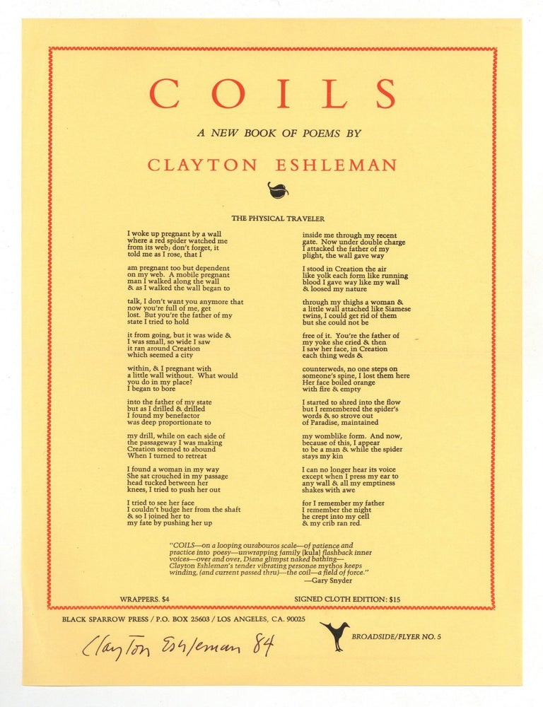 Item #513729 [Broadside]: The Physical Traveler [from] Coils (Black Sparrow Press Broadside/Flyer No. 5). Clayton ESHLEMAN.
