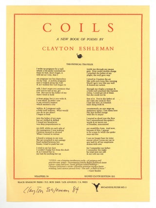 Broadside]: The Physical Traveler [from] Coils (Black Sparrow Press Broadside/Flyer No. 5. Clayton ESHLEMAN.