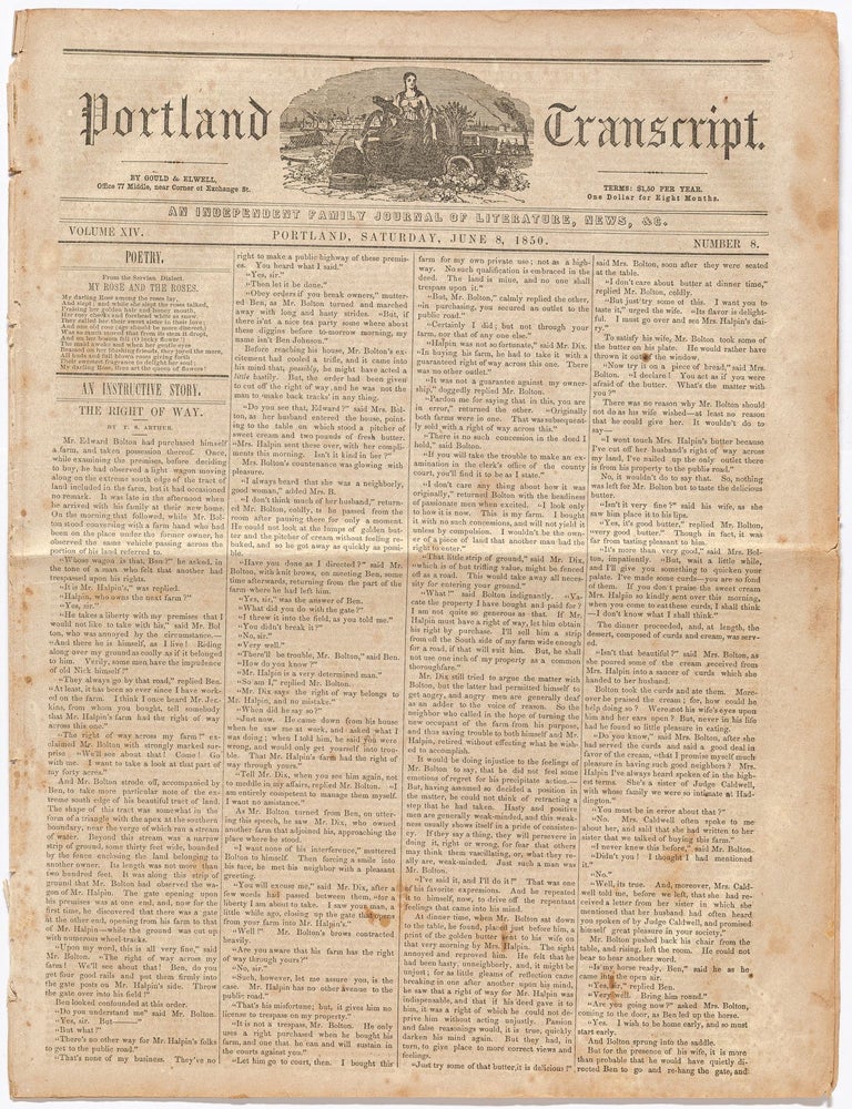 Excerpt from a letter by Poe in Newspaper]:Portland Transcript Vol. XIV, No. 8. Saturday, June 8, Edgar Allan POE.