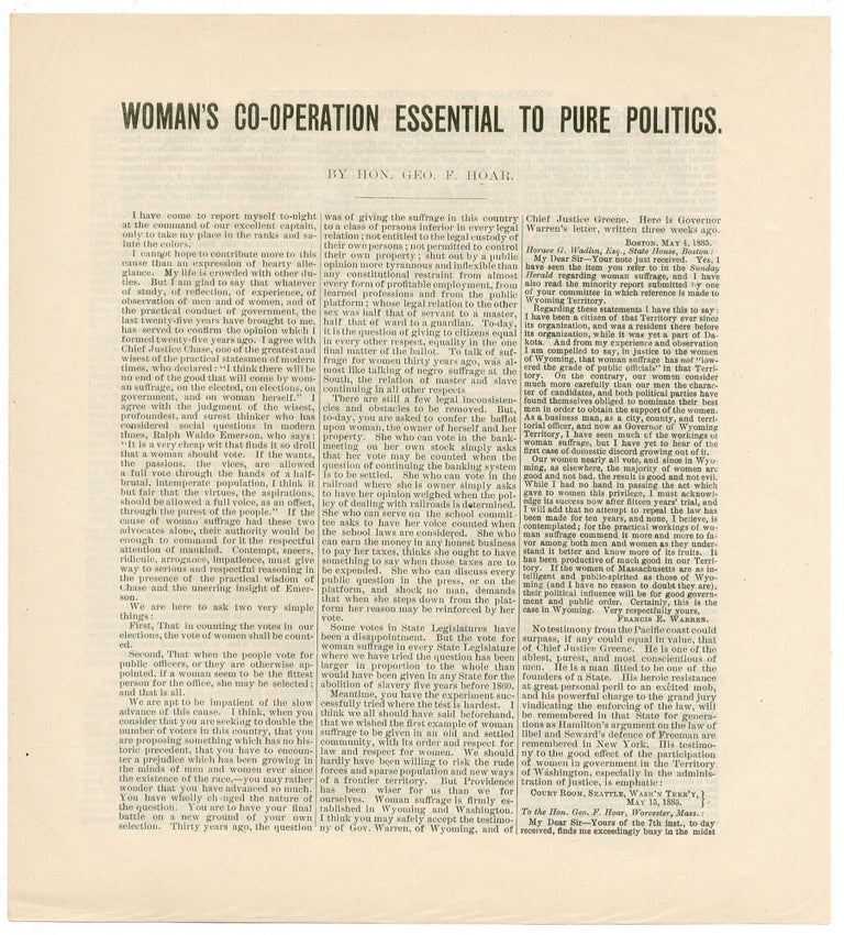 Item #514575 Woman's Co-Operation Essential to Pure Politics. George Frisbie HOAR.