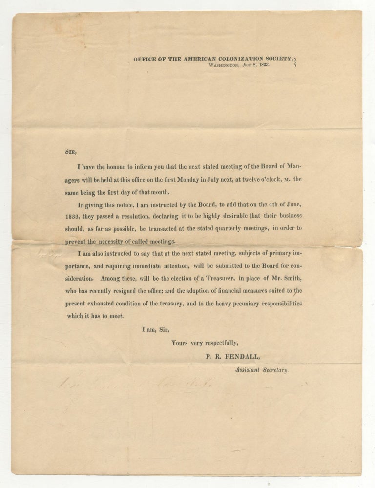 Printed Notice from the American Colonization Society in the form of a letter from P. R. Fendall;. P. R. FENDALL.